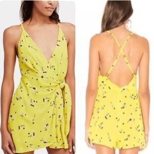 Free People Tango At Night Electric Yellow Floral Wrap Shorts Romper Size 4